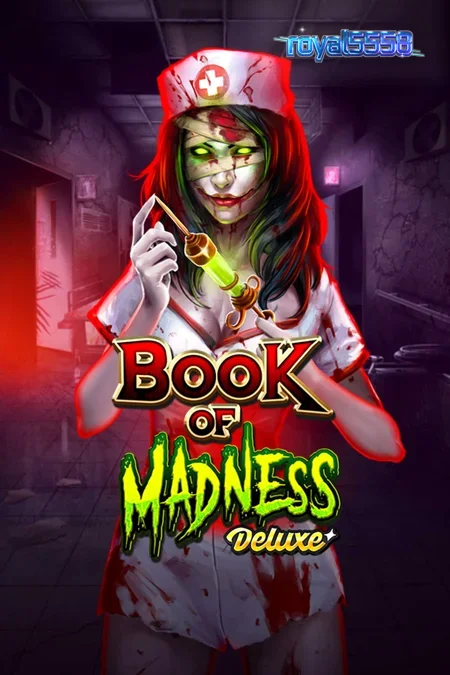 Tampilan antarmuka permainan slot Book of Madness Deluxe dengan tema horor