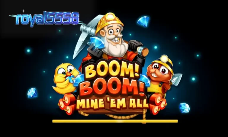 Tampilan visual slot Boom! Boom! Mine ‘Em All dengan tema pertambangan yang intens
